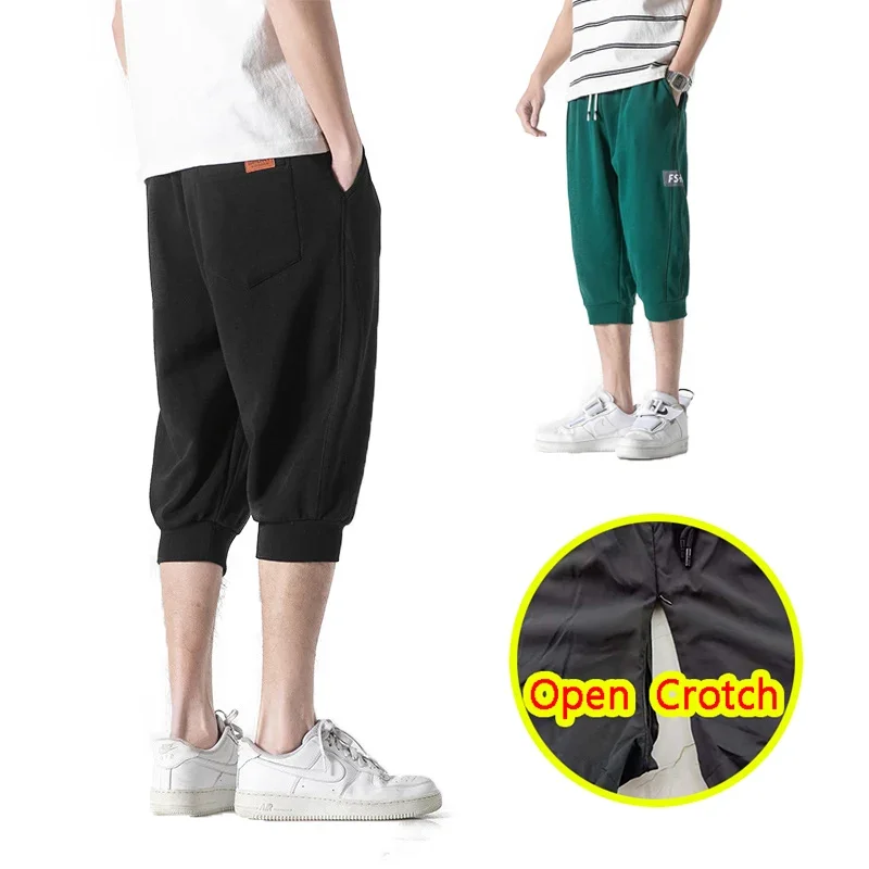 

Man Casual Open Crotch Pants Sexy Hidden Zippers Fashion Korean Fashion Clubwear Crotchless Cropped Trousers Daily Beach Wear