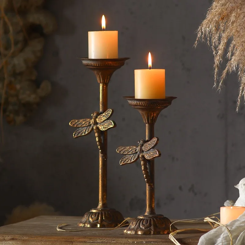 

American Retro Wrought Iron Dragonfly Candlestick Home Decoration Romantic Candlelight Dinner Tabletop Ornament Shooting Props