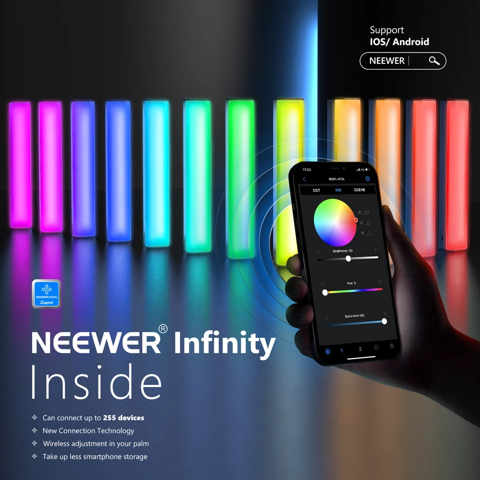 For NEEWER RGB Magnetic Handheld Stick Dimmable 3200K~5600K Touch Bar & APP Control Photography Lighting Wand Light