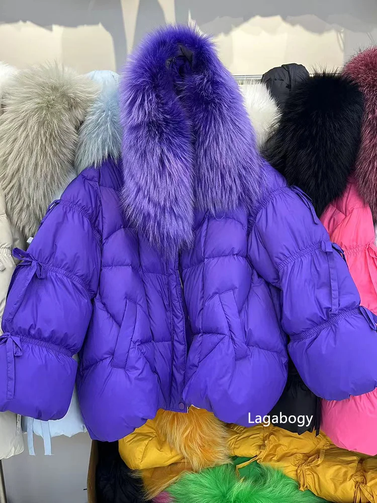 Lagabogy 2026 Big Natural Fox Fur Puffer Jacket New Winter Clothes Women Thick Warm White Duck Down Coat Female Real Fur Parker
