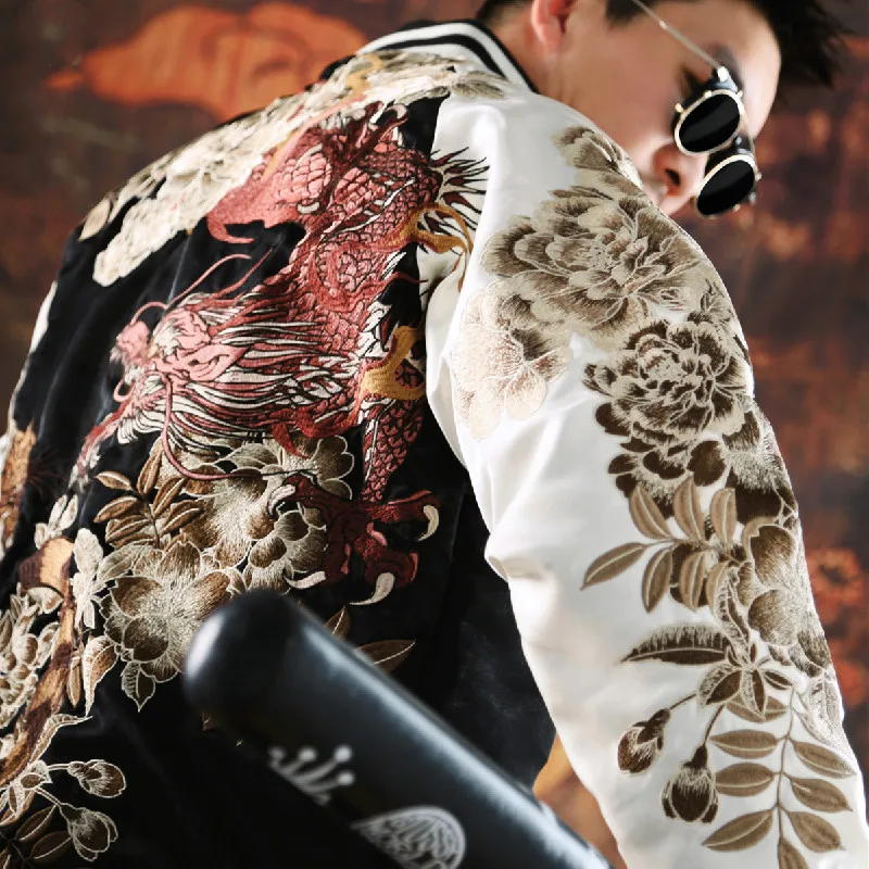 New 2024 Hot Style Men Boys Modified Liquid Light Sensation Coats Dragon Tiger Reversible Baseball Sukajan Souvenir Jackets