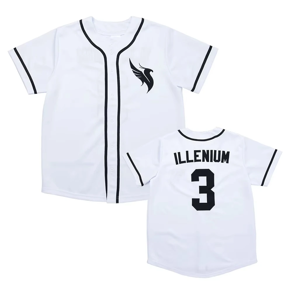 ILLENIUM Number 3 Baseball Jersey Men Women Button‑Up Unisex Shirts Logo Front Back Number Graphic Print Loose Fit Casual Tops