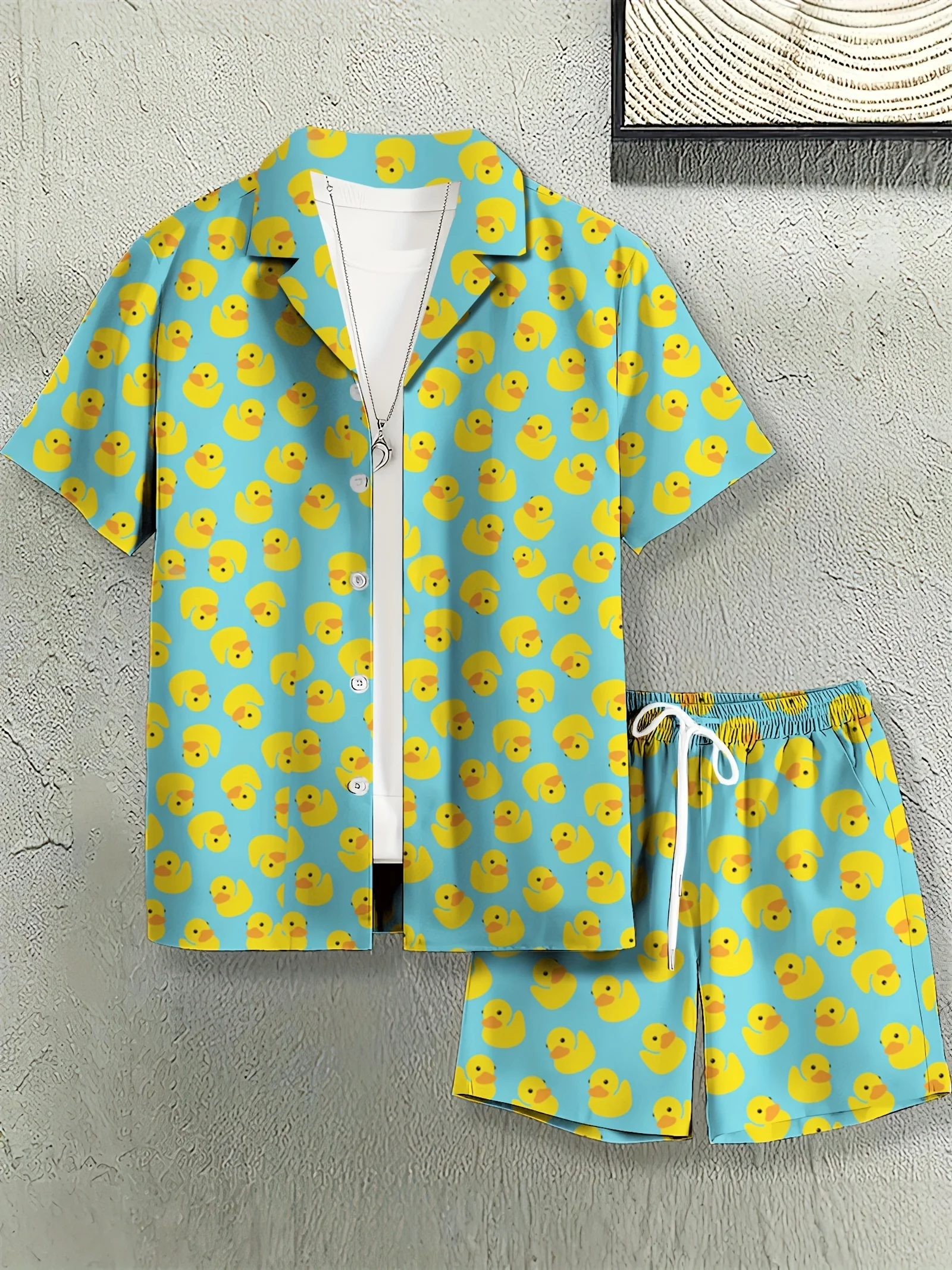 2pcs Men's Duck Graphics Print Shorts Shirt Set Drawstring Waist Summer Beachwear Casual Funny Prints Asian Size