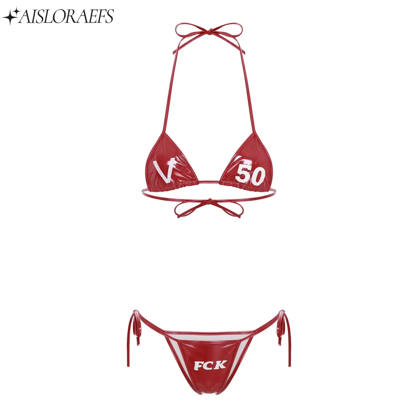 

Женский купальник-бикини из 2 предметов, ночная рубашка, мини-бюстгальтер на шнуровке с лямкой на шее и стрингами, глянцевый купальный костюм в стиле аниме, комплект нижнего белья