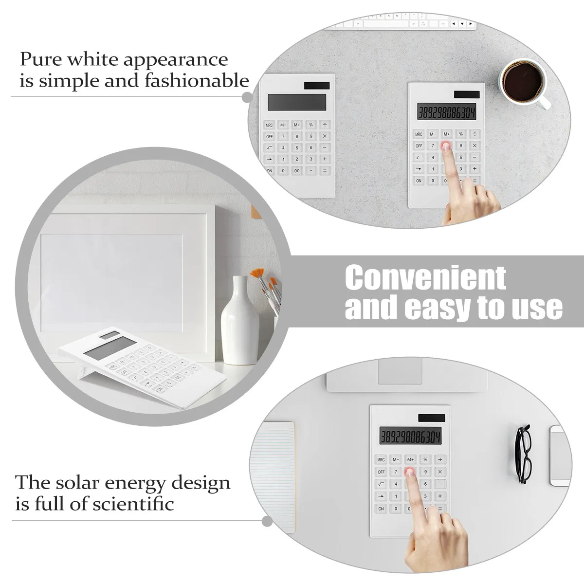 

Современный калькулятор для школы: тонкий, белый, с большими кнопками, плоский, компактный, базовый, милый, стильный