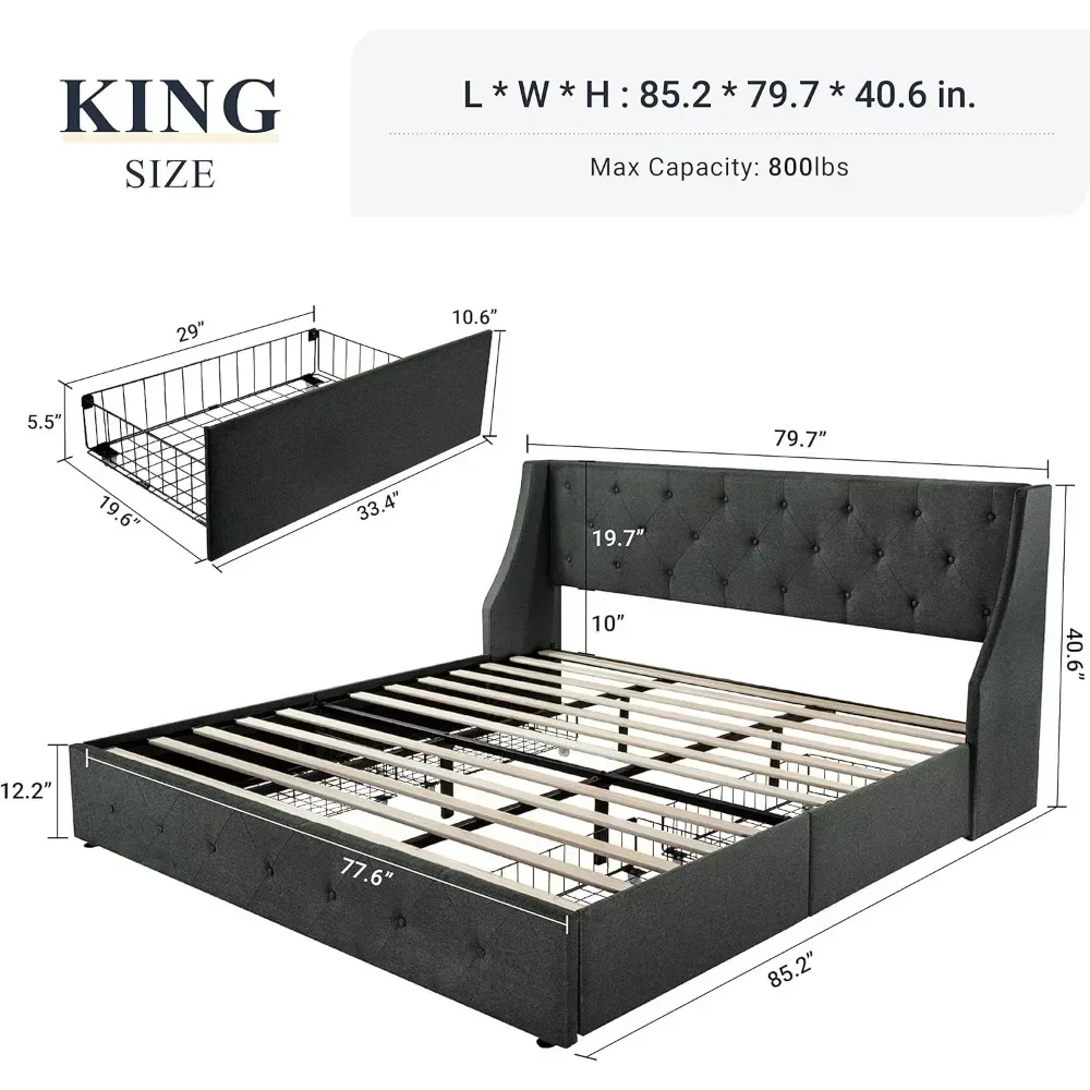 Estructura de cama tamaño King con 4 cajones de almacenamiento y cabecera con respaldo de ala, diseño capitoné con botones, no necesita somier