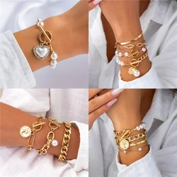Vintage Gold-plate Snake Chain Heart Artificial Pearl Head Coin Pendant Bracelet For Women Boho Fashion Punk Multilevel Jewelry