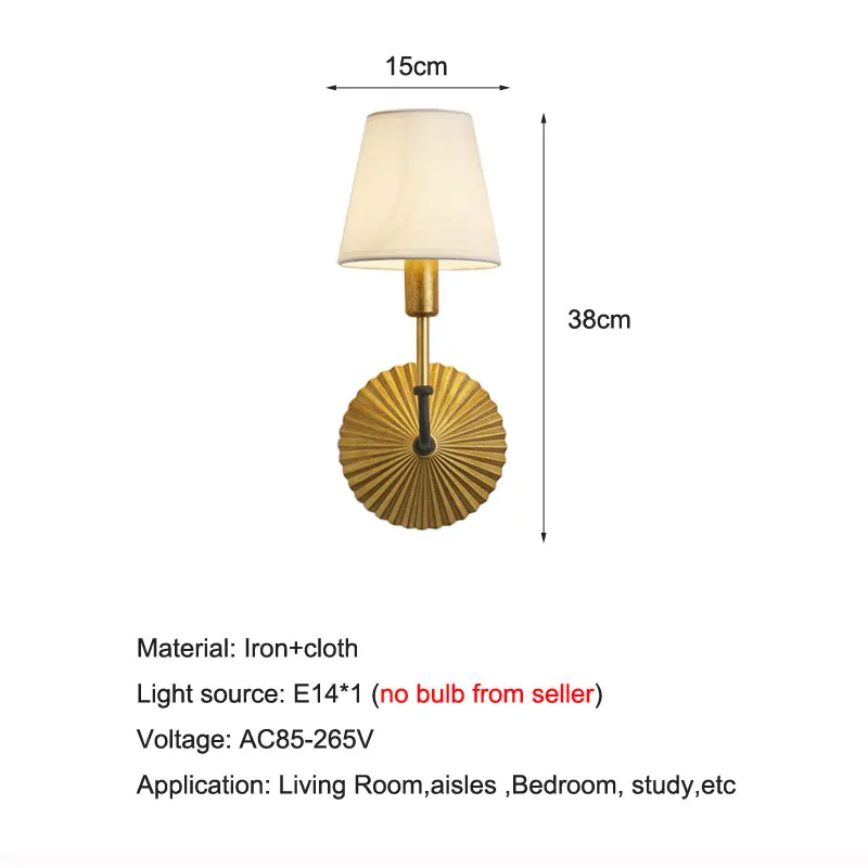 American Retro Gold Single Head Wall Lamp Creative Hotel Living Room Corridor Cloth Lamp Bedroom Bedside Lighting Wall Sconce