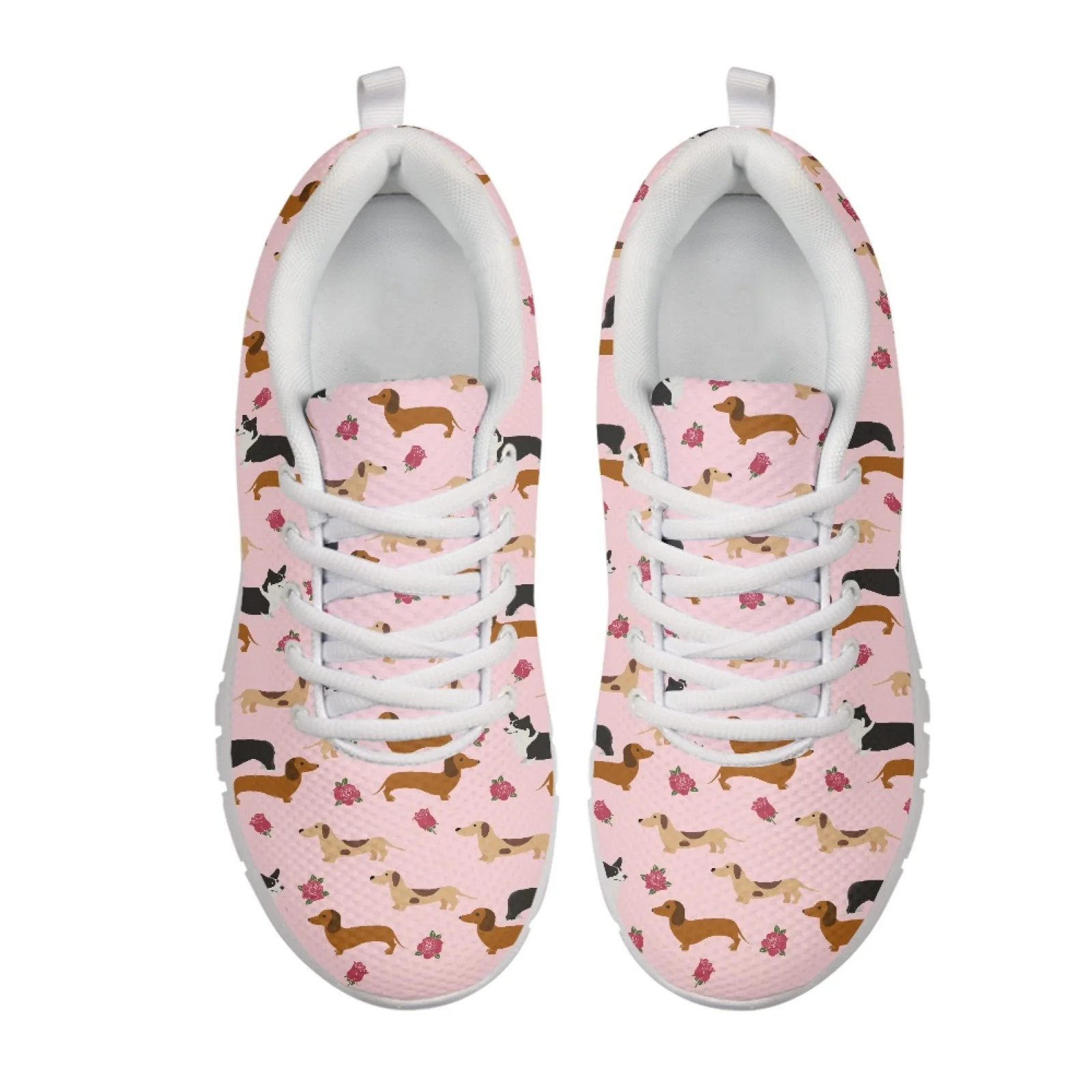 Coloranimal Puppy and Rose Pattern Running Shoes Sports Tennis Shoes for Women Lace Up Walking Shoes