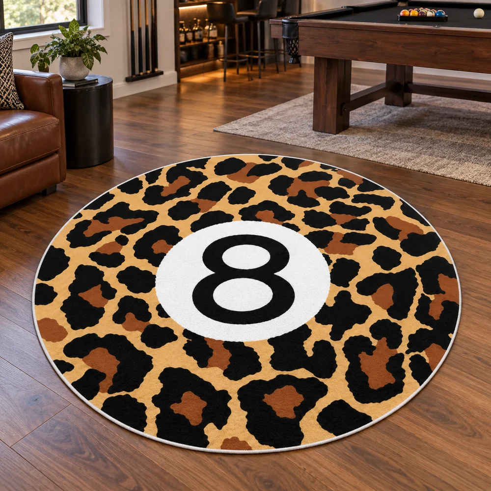 Leopard Print Eight Ball Round Flannel Rug, Non-Slip Floor Mat for Game Room, Bedroom, Living Room, Entryway and Home Decor