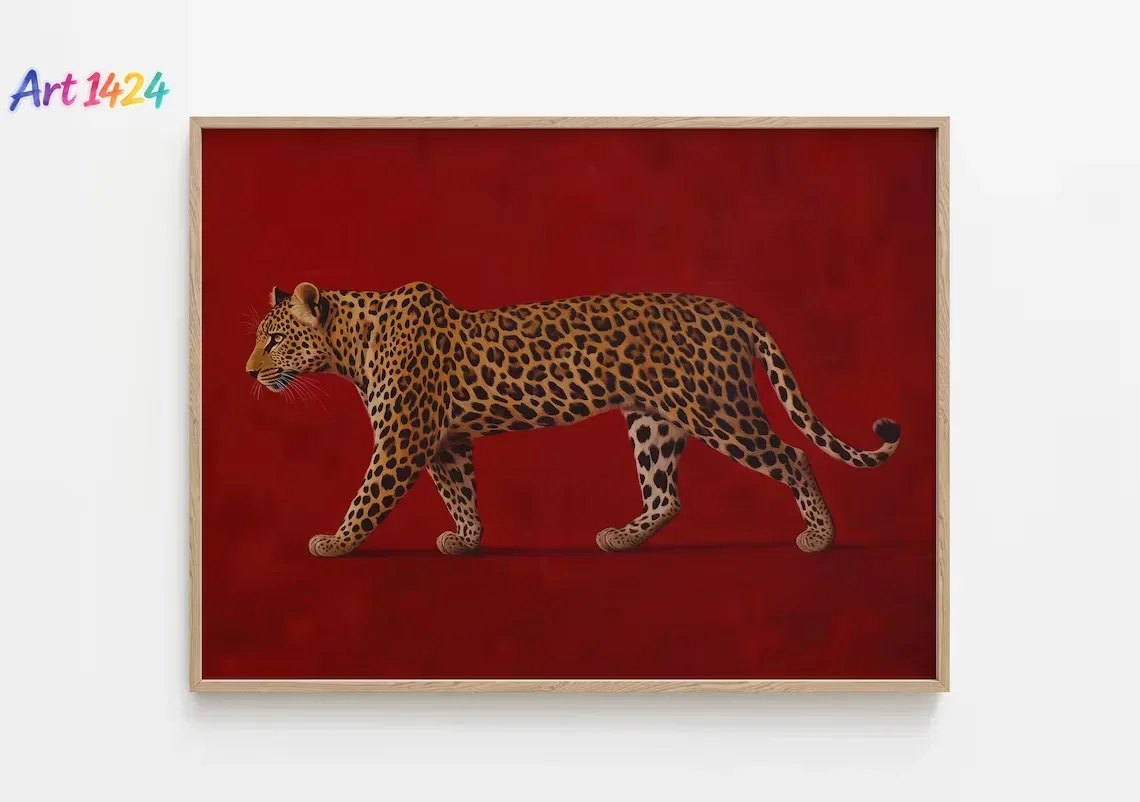 Red Leopard Oil Painting - Framed Poster, Old Money Wall Art, Burgundy Vintage Artwork, Maximalist Print, Luxe Masculine Room De