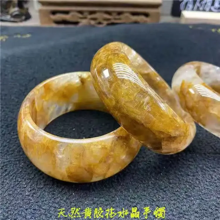 100% Natural crystal bracelet yellow glue Flower Bracelet Handcarving  jade bangle jewelry wide bangles women gift bracelet