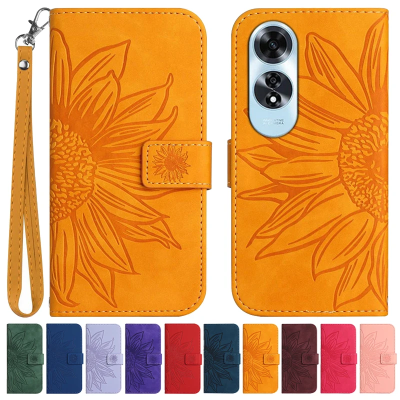 Sun Flower Flip Cover Case on For OPPO A60 Reno11 F A18 A38 A58 A78 4G A59 A79 Reno11F 5G 2024 Leather Case Pattern Phone Shell