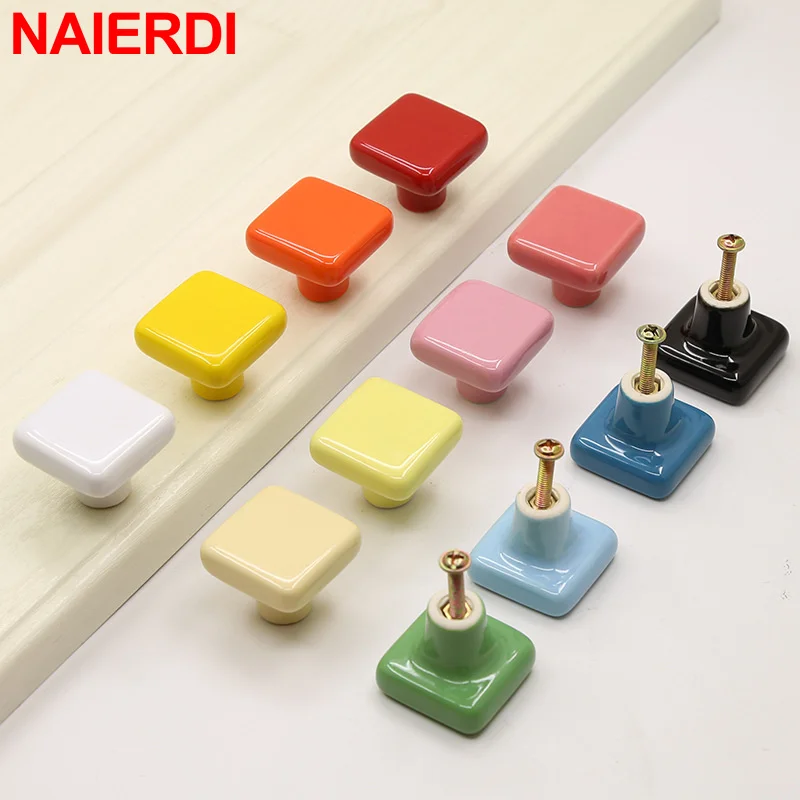 NAIERDI Colorful Ceramic Cabinet Knobs and Handles 32mm Square Kitchen Handle Drawer Knobs for Kids Room Furniture Hardware