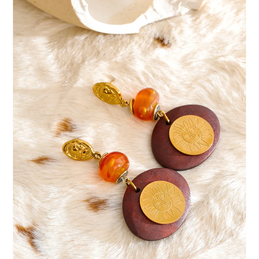Yhpup New Arrivals Stainless Steel Wood Resin Stone Round Sun Pendant Earrings Prevent Allergy Fashion Autumn Winter Jewelry