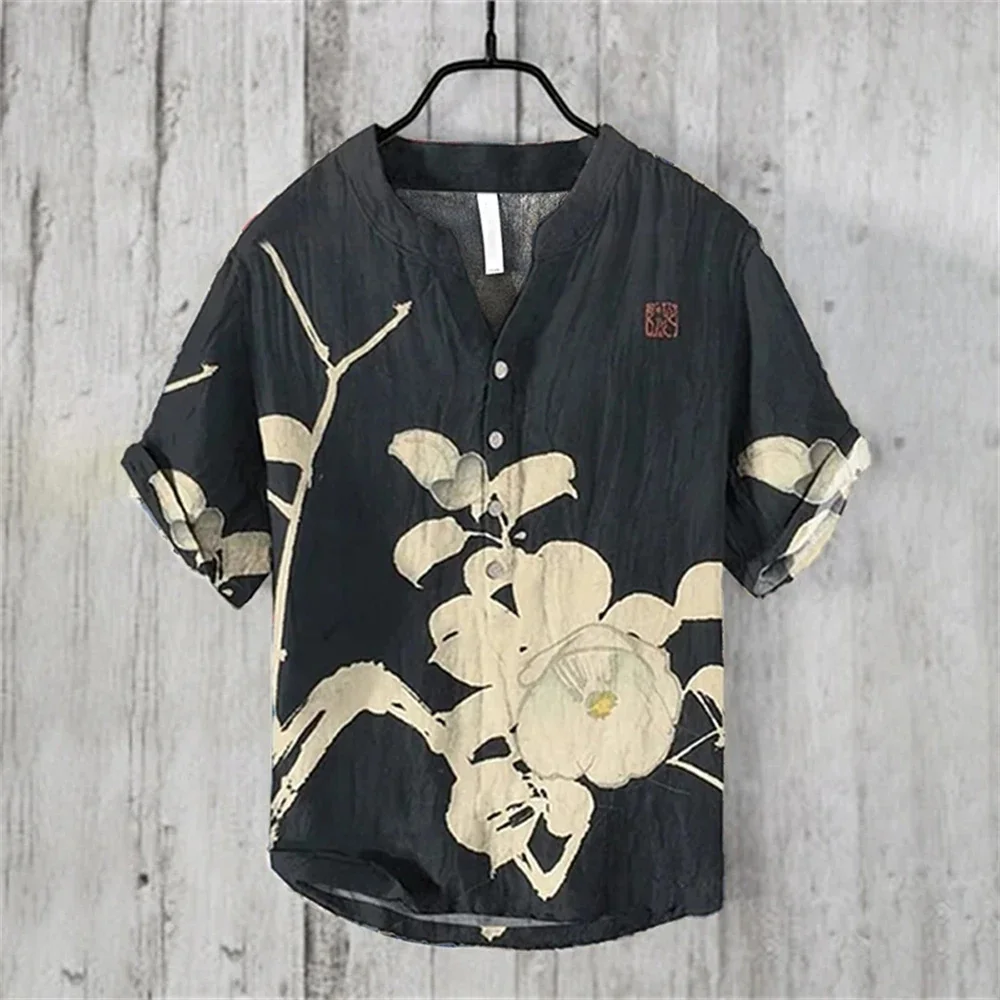 Summer men's short-sleeved V-neck short-sleeved linen printed shirt European and American popular elements large size shirt