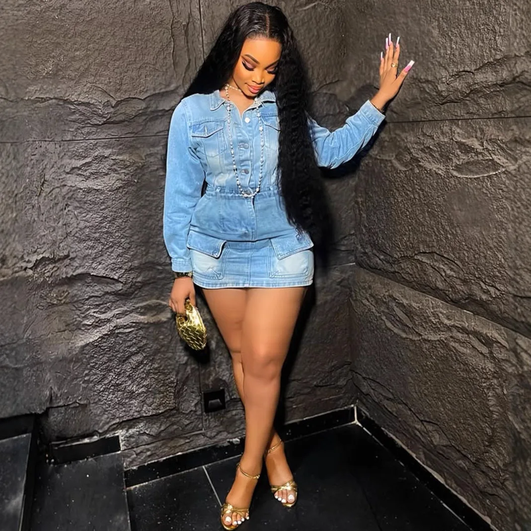 

Short Dress Women Denim Dresses Vestidos Y2k Streetwear Hip Wrap Elegant Splice Party Night Work Turn Down Collar Full Sleeve
