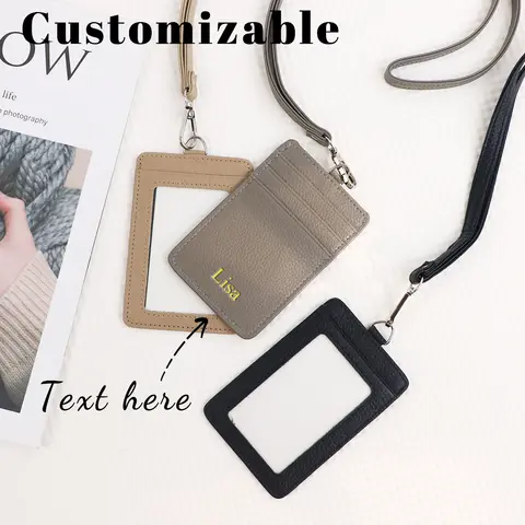 Customized name leather multi-functional work card holder, lanyard for men and women, credit card, ID card, wallet card holder