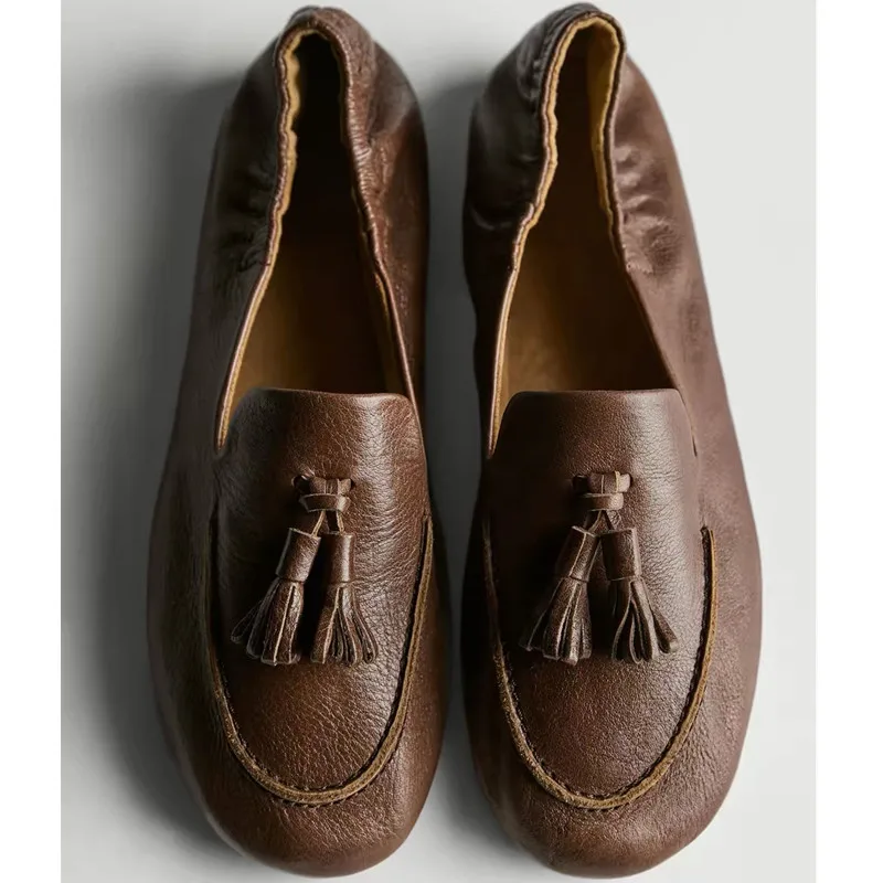 Dave&di Woman Shoes Nordic minimalist Genuine  leather brown loafers with tassels Shoes For Woman Loafers