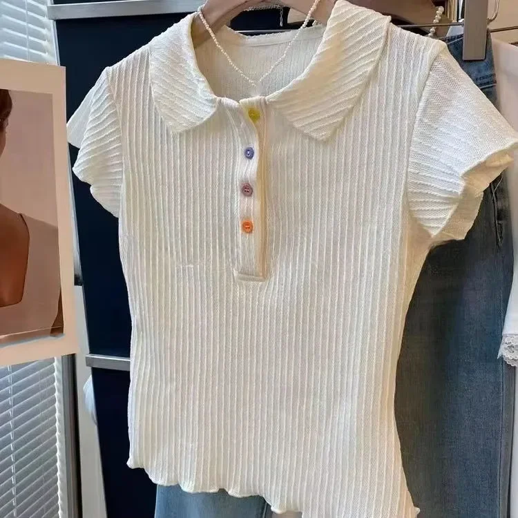 الكورية خمر أزرار ملونة التلبيب الرقبة تي شيرت عادية كل مباراة الأعلى للنساء 2025 جديد قصير الأكمام فضفاضة تيز سترة