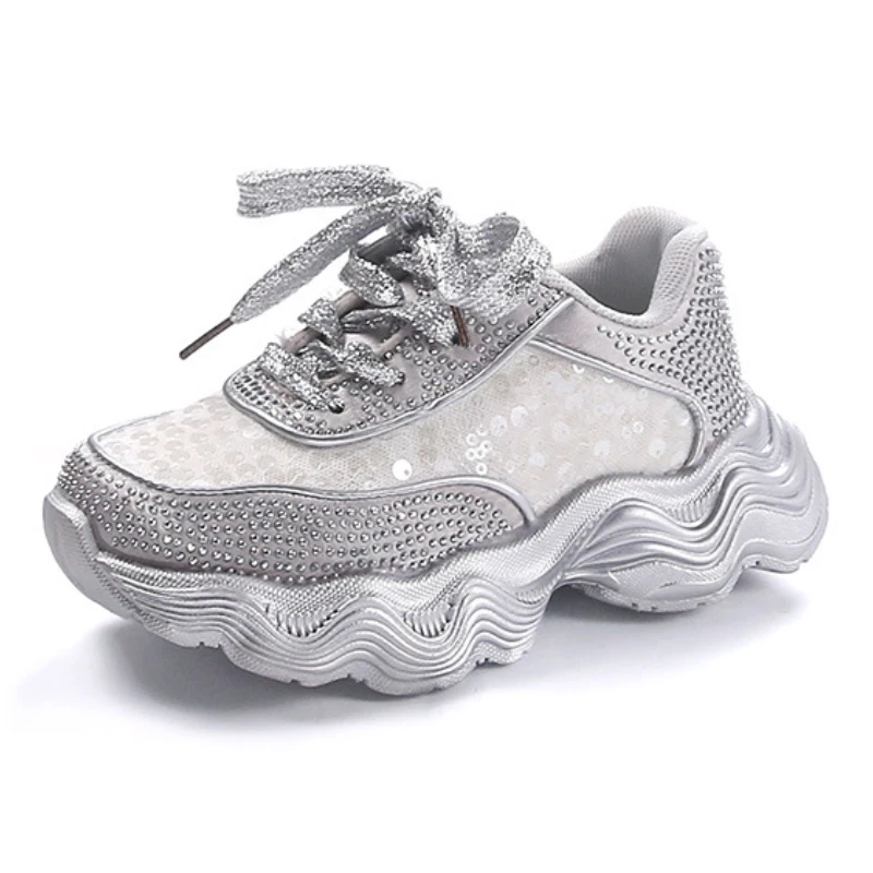 

2024 Autumn New Children's Sports Shoes Fashion Sequins Girls' Mesh Breathable Running Shoes Soft Soled Casual Shoes