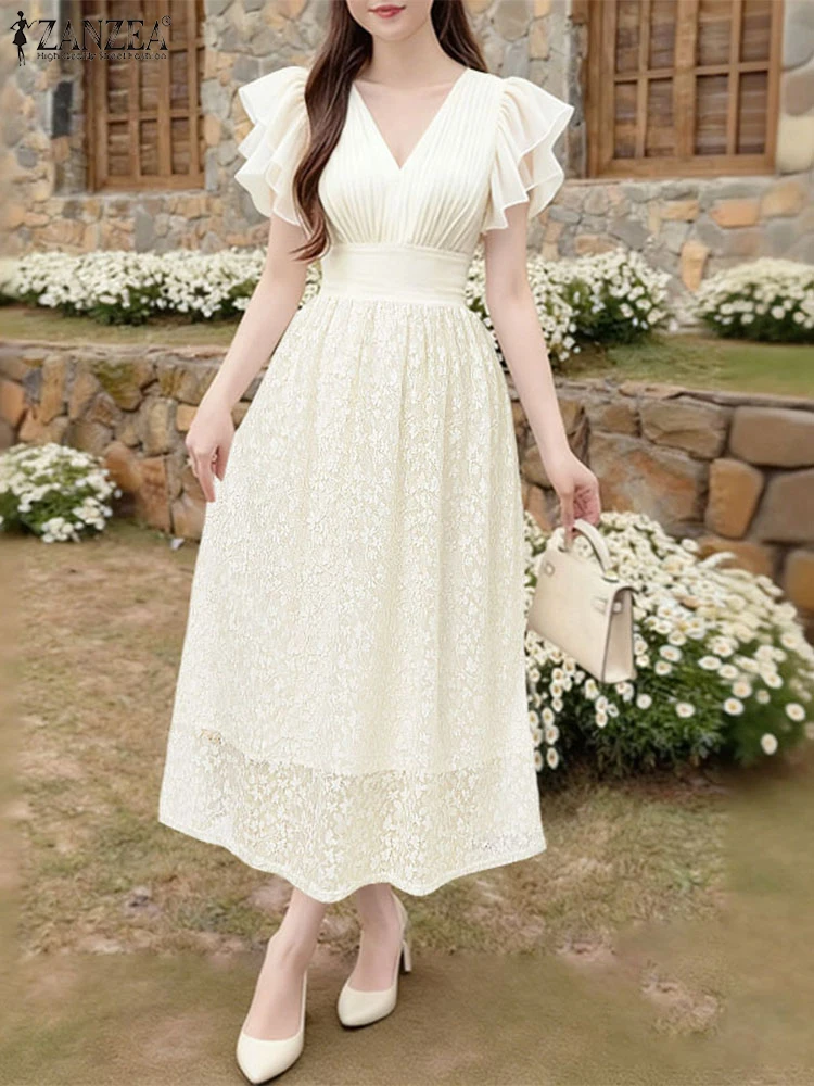 Elegant Party Dress 2025 ZANZEA Women Stylish Lace Patchwork Sundress Ruffled Sleeve Midi Robe V Neck Waisted A Line Dresses