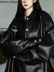 Punk Oversize Black Leather Jacket Women Streetwear Vintage Loose Biker Leather Jacket Fashion Trend Casual Faux Leather Coat