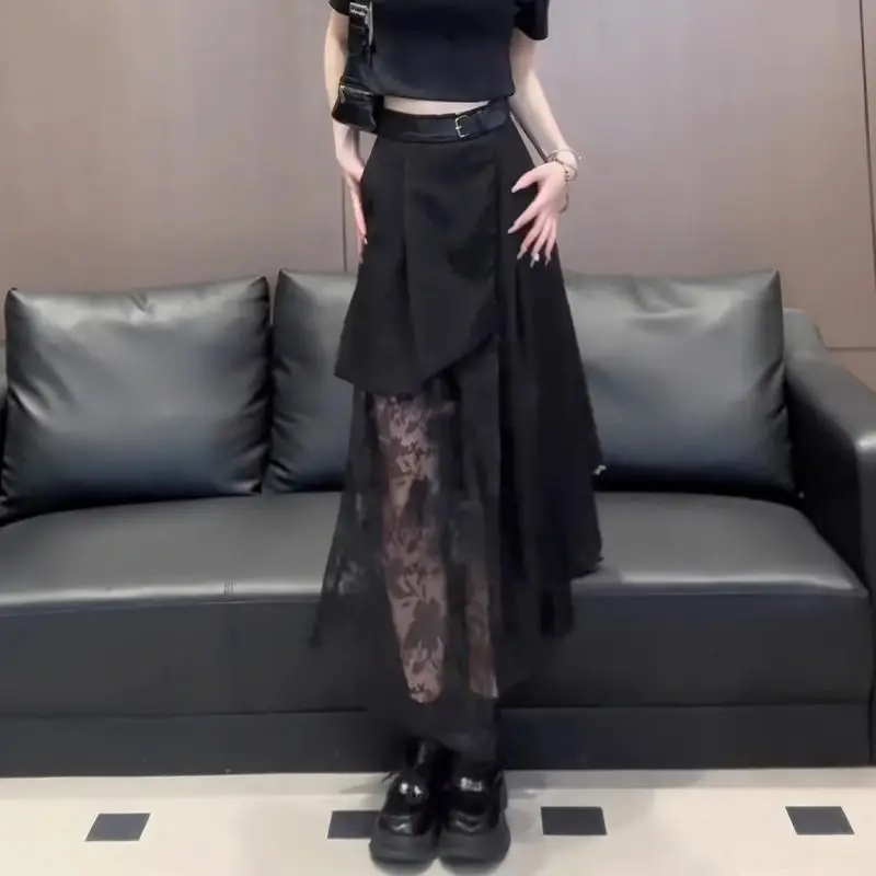 Spring Summer Fashion Lace Patchwork Solid Color Women's Clothing High Waist Irregular Button Temperament Korean Chaopai Skirts