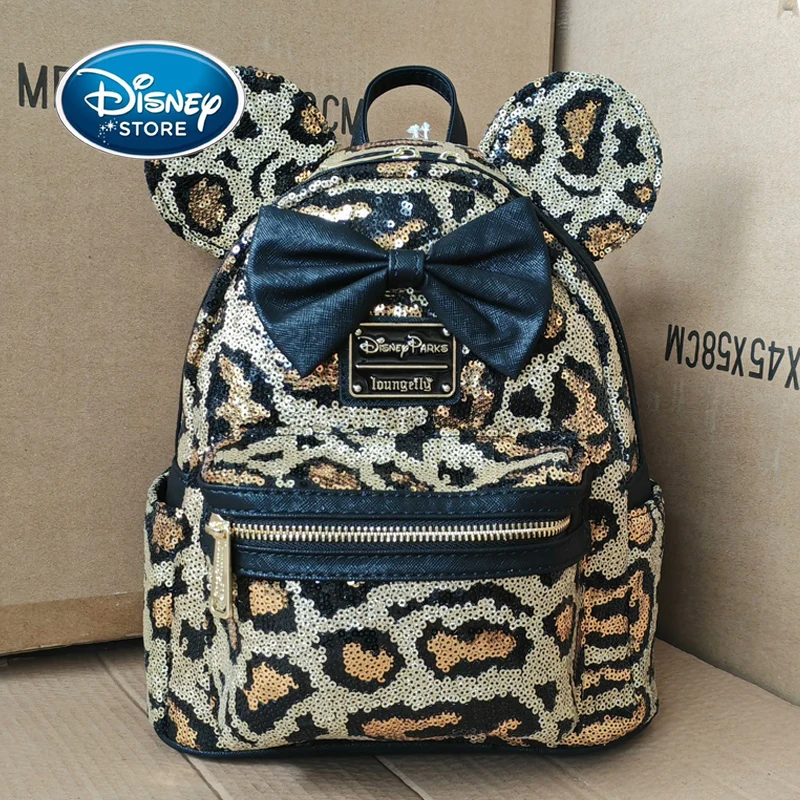 

Женский рюкзак Disney с леопардовым принтом и блестками, мини-рюкзак с рисунком аниме, Микки Маус, двойные сумки на плечо, уличная сумка для отдыха