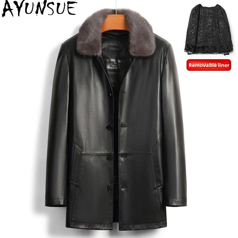 AYUNSUE Winter Genuine Cow Leather Jacket Men Natural Rabbit Fur Liner Coat Fashion Men's Down Coats Кожаная Куртка Мужская