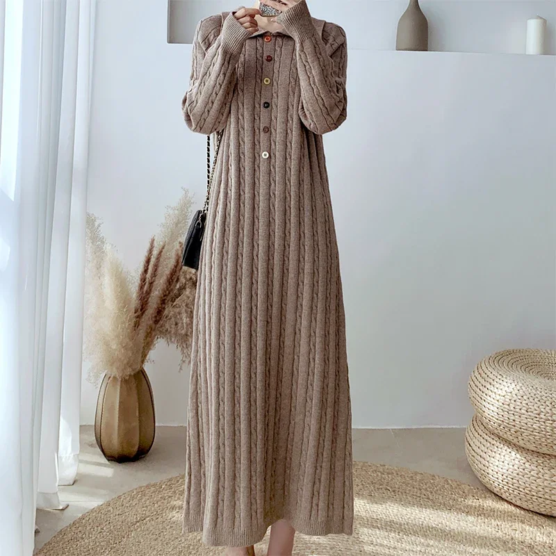 ZOMRY Autumn New Korean Polo Collar Knitting Sweater Dress Loose Warm Casual Versatile Clothing Vintage Lantern Sleeve Vestidos