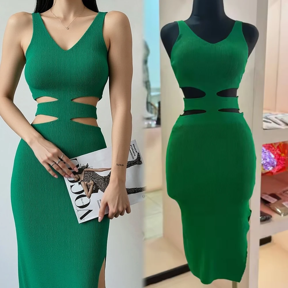 유오무오 2026 신상 여성 니트 여름 원피스 섹시한 컷아웃 허리 패키지 힙 슬릿 바디콘 스웨터 원피스 시크한 여성 파티 선드레스