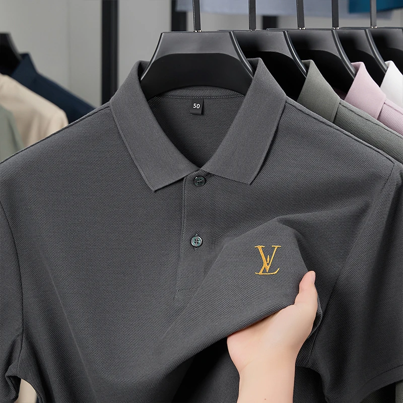 الفاخرة جودة الرجال قميص بولو التلبيب تي شيرتات قصيرة الاكمام الصيف جديد بلون التطريز بسيط موضة الأعمال ملابس رجالية