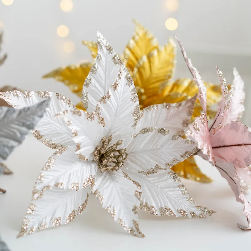 Christmas 25cm Artificial Sticky Cloth Christmas Flowers Gold Silver White Decorative Flowers Christmas Tree Garland Decoration