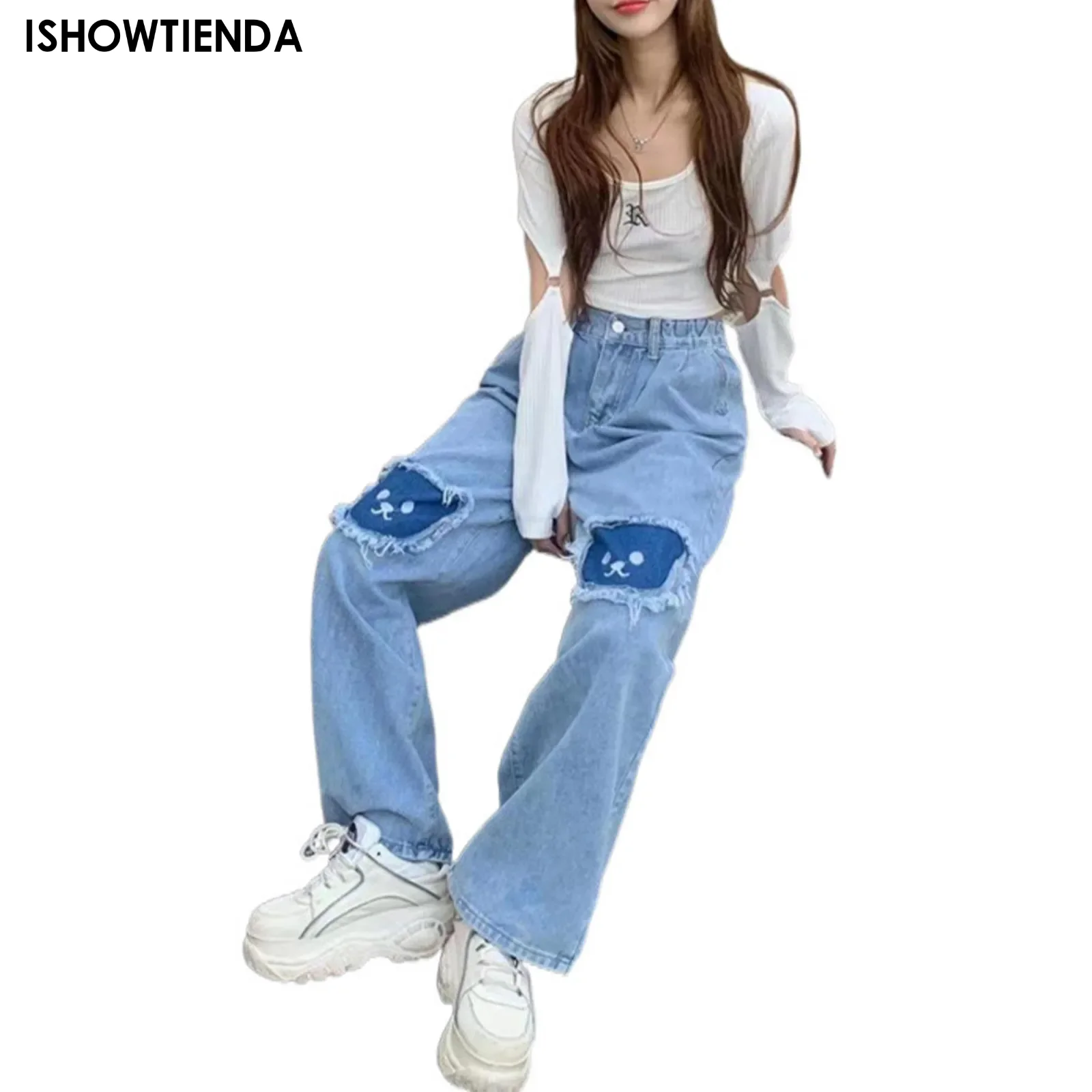 

Winter Streetwear Pants Ladies Loose Casual Jeans Womens Vintage Printed Pants Oversized Pantalons Loose Straight Leg Wide Pants