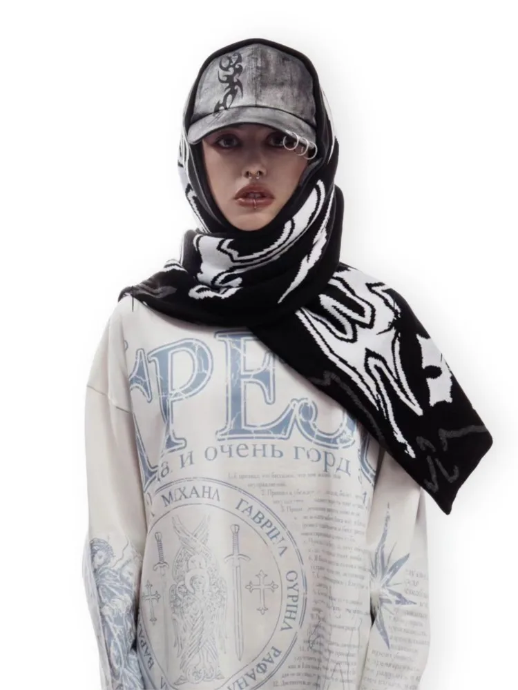 

Harajuku Hip Hop Punk Gothic Keep Warm Unisex Accessories Women Scarf Winter Y2k Casual Streetwear Black Knitted Shawl Scarves