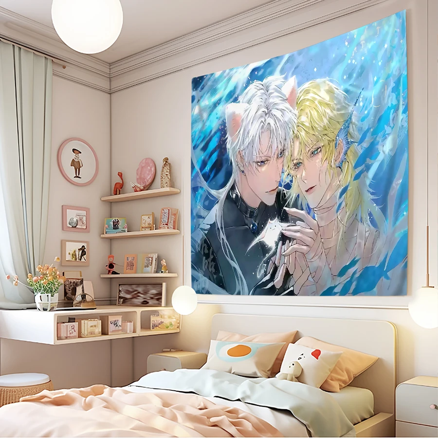 1PC Digital Printed Tapestry Wall Hanging, Anime Cat Ears Couple Blue Water Background, Yaoi BL Otaku Room Wall Art Decor - view 5