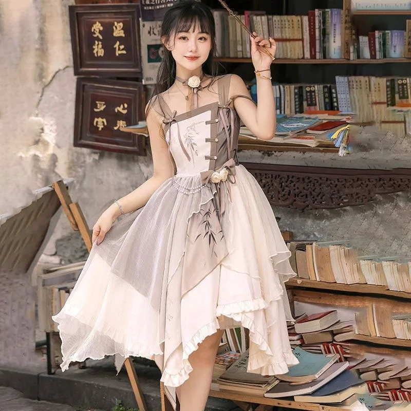 Jsk Sling Jurk Oude Dagelijkse Chinese Elementen Lolita Rok Onregelmatige Kawaii Jurk Donkere Elf Kleding Lolita Vestido Manga Larga