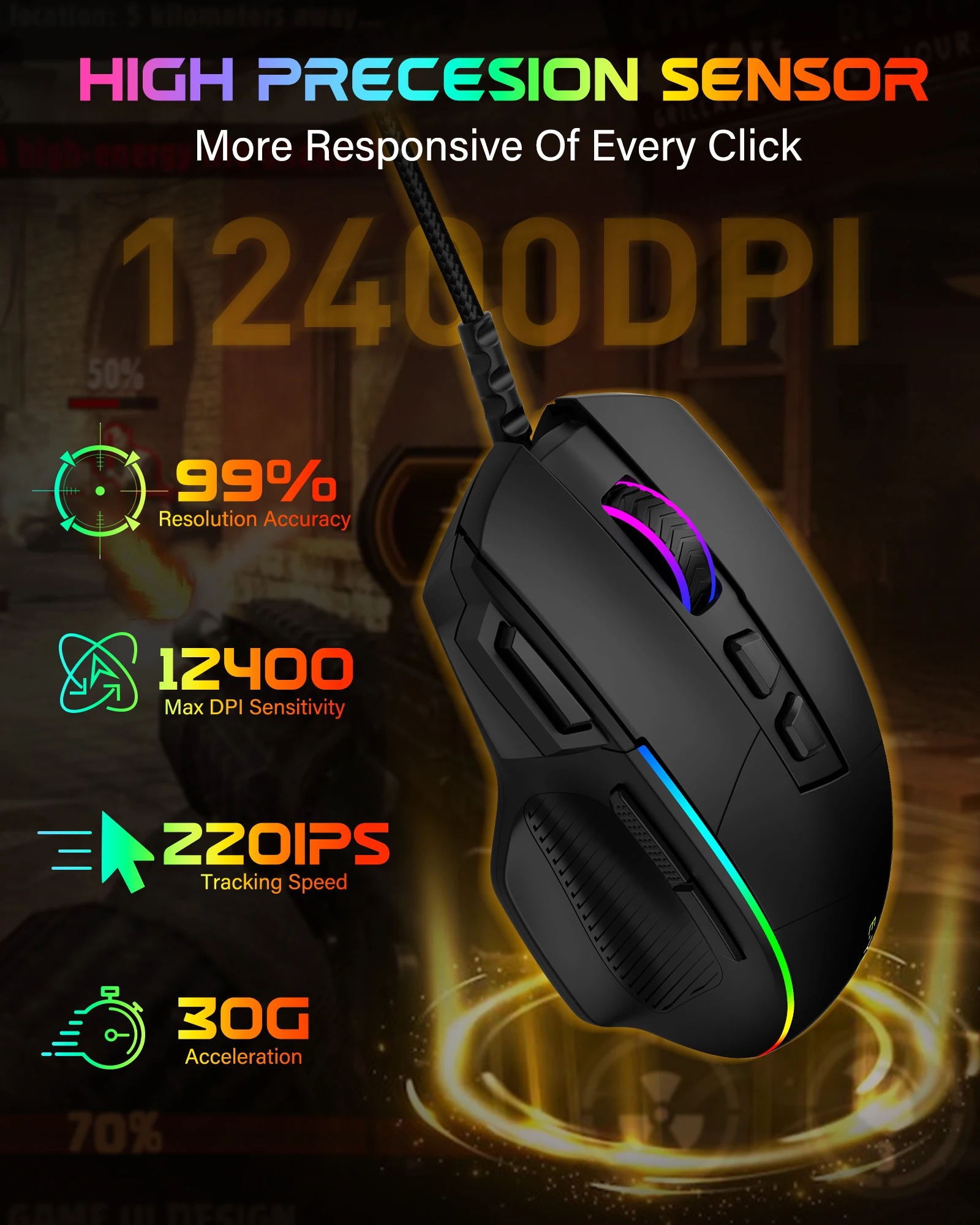 FocusOnPC X-49 Wired Optical Gaming Mouse With 12400 DPI 8 Programmable Buttons & 8 Backlit Modes Gamer Mice for PC Laptop