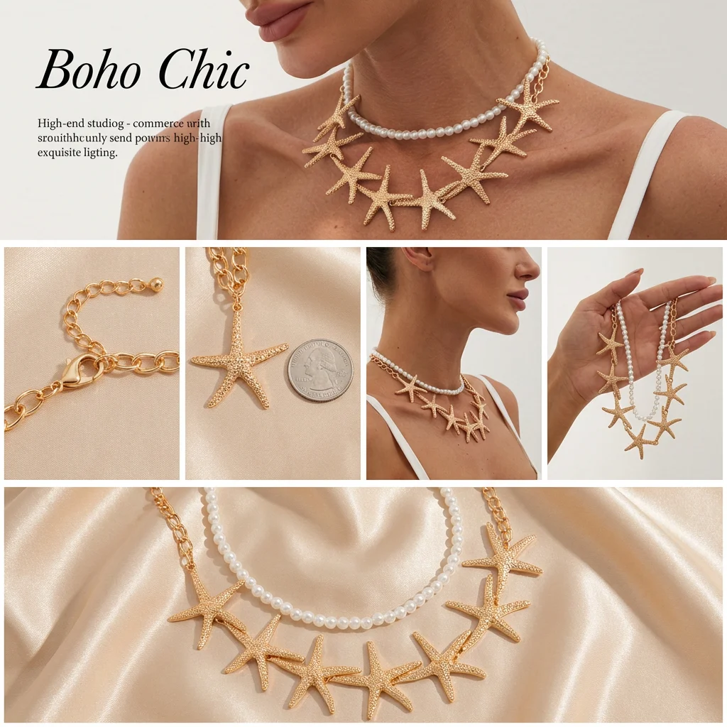 Übertriebene Seestern-Kettenkette für Damen, Bohemian-Stil, Imitationsperlen, Doppellagiger Choker, Trendiger Schmuck für Strandpartys und Urlaub – Detail 1