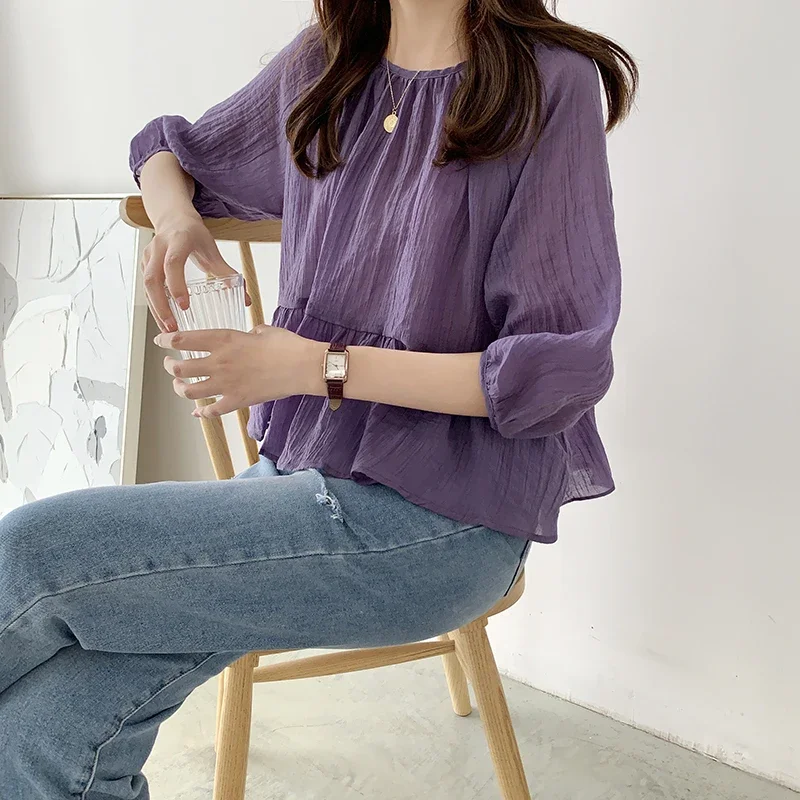 New Summer Loose Women\'s Blouse Silk Korean Sweet Shirt Women 2024 O-Neck Ruffled Pleated Top Short Sleeve Female Clothing 15371