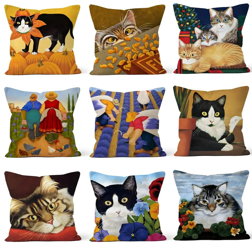 Artist Lowell Herrero American Cat Cushion Cover Throw Pillow Soft Short Plush Cozy Durable For Sofa Bedroom Home Decor Gift