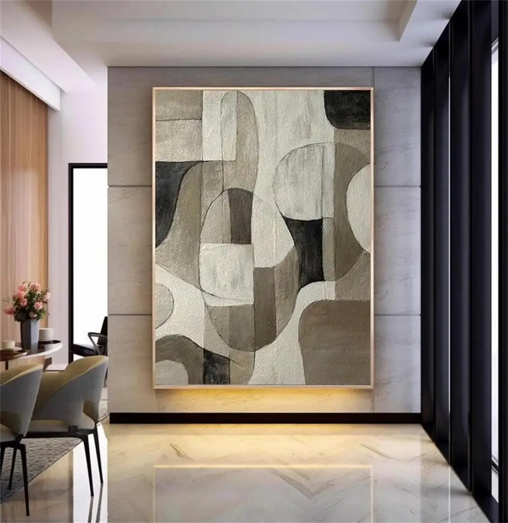 Large Netural Color Modern Wabi Sabi Wall Art Beige and Black Minimalist Wall Art Brown Texture Abstract Geometric Oil Painting