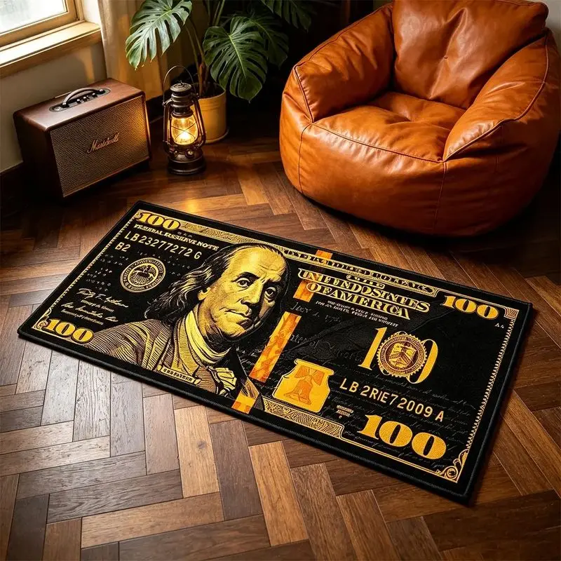 VIKAMA Dollar Bill Gold Flannel Bedside Rug for Bedroom Nightstand Floor Mat Soft Snug Cozy Aesthetic Washable Home Decor