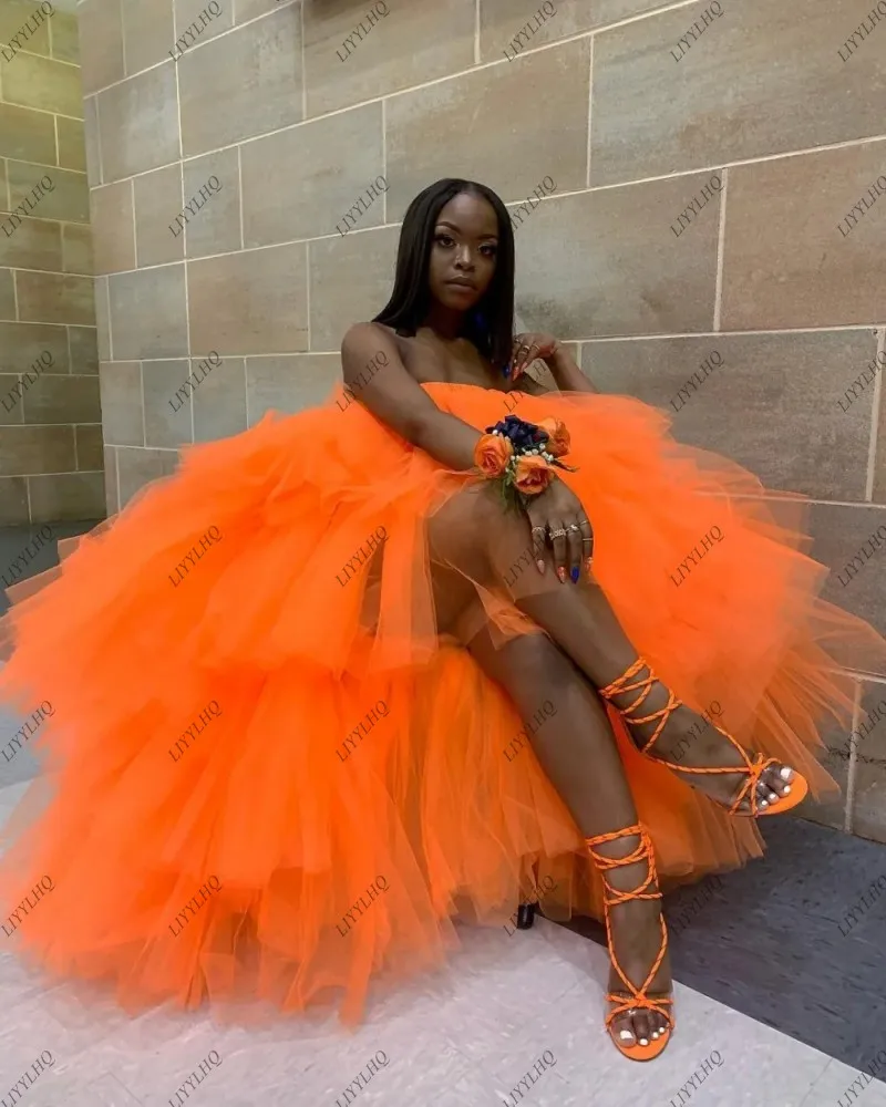 Fashion Bright Orange Tulle Prom Dress Pretty Special High Low Plus Size Women Long Extra Puffy Tutu Skirt Simple Party Dresses