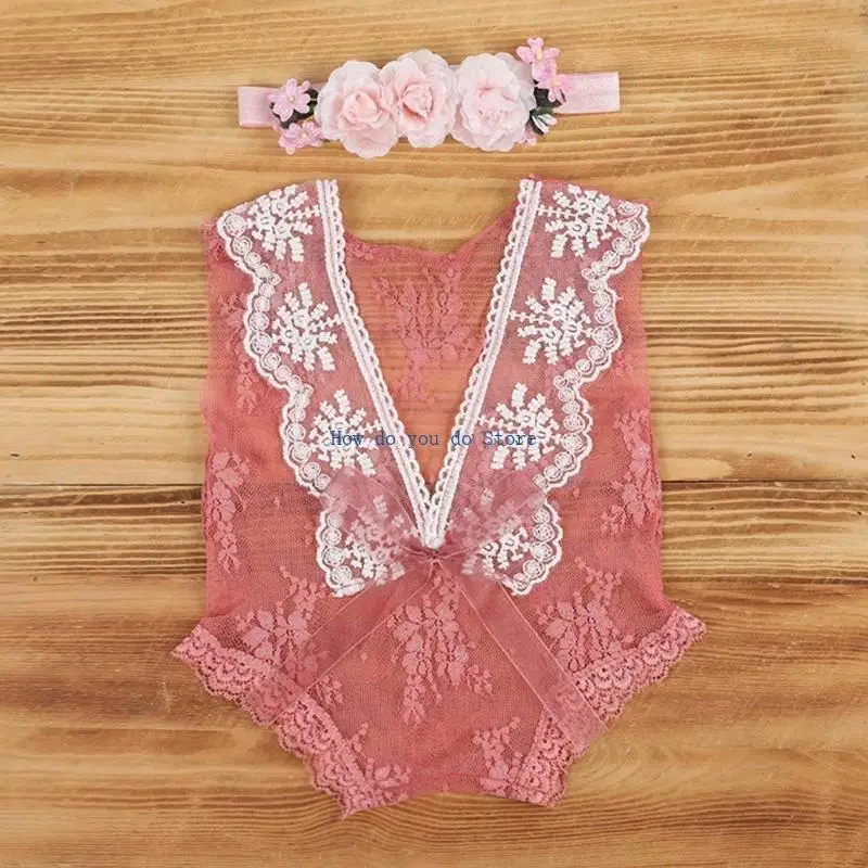 19QF Baby Lace Romper The -Beadble Stet Newborn Proploy Props Bodysuituit Bemsuit with Flower Hair Band Infants Fotografie