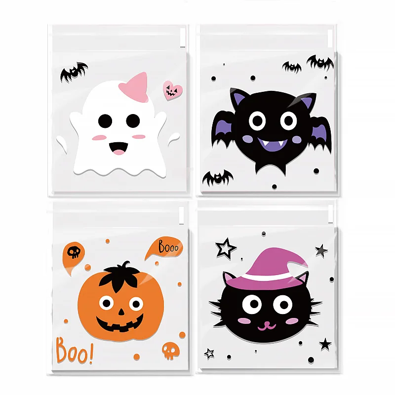 100pcs Cookie Bags Plastic Translucent Pumpkin Bat Halloween Party Favors Self-adhesive Candy Bag Gift Baking Packaging Bag