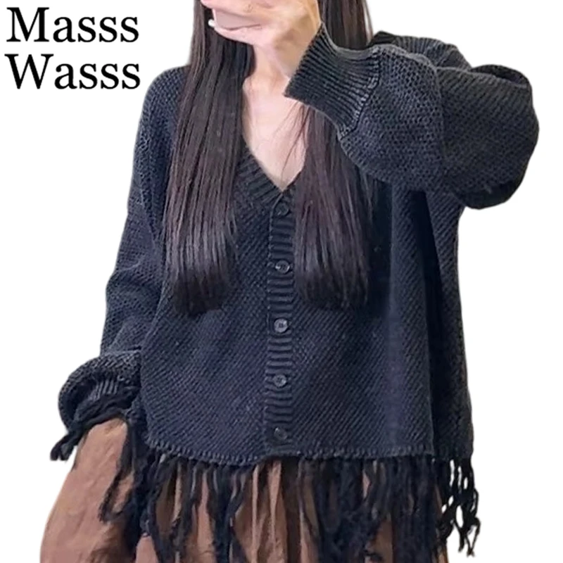 

Mass Wasss, зимние однотонные кардиганы с v-образным вырезом, женские модные свободные повседневные свитера, женские 2025 винтажные классические теплые трикотажные изделия с кисточками