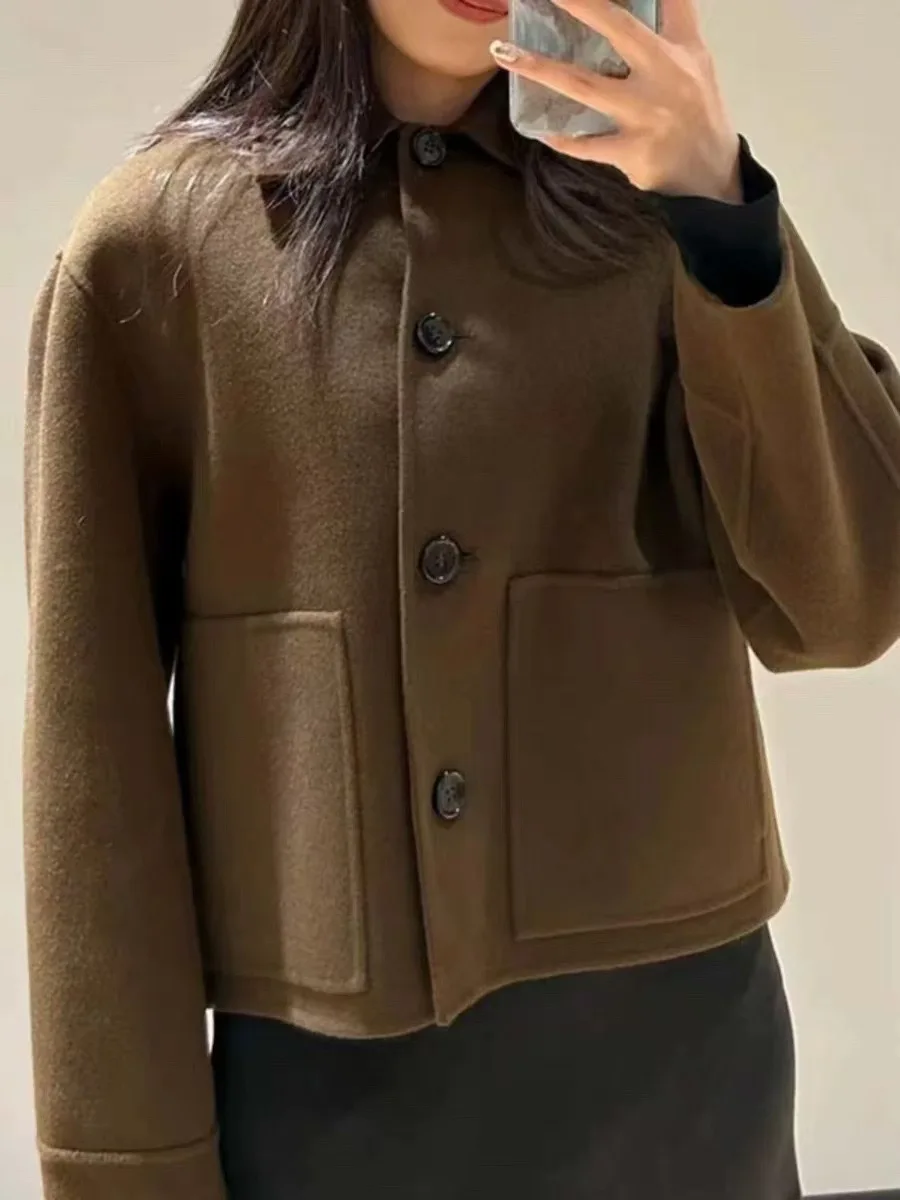 معطف نسائي قصير بتصميم بسيط من مزيج الصوف ذو وجهين، مناسب للارتداء اليومي، مصنوع من جلد الغنم، إصدار جديد لفصلي الخريف والشتاء #2