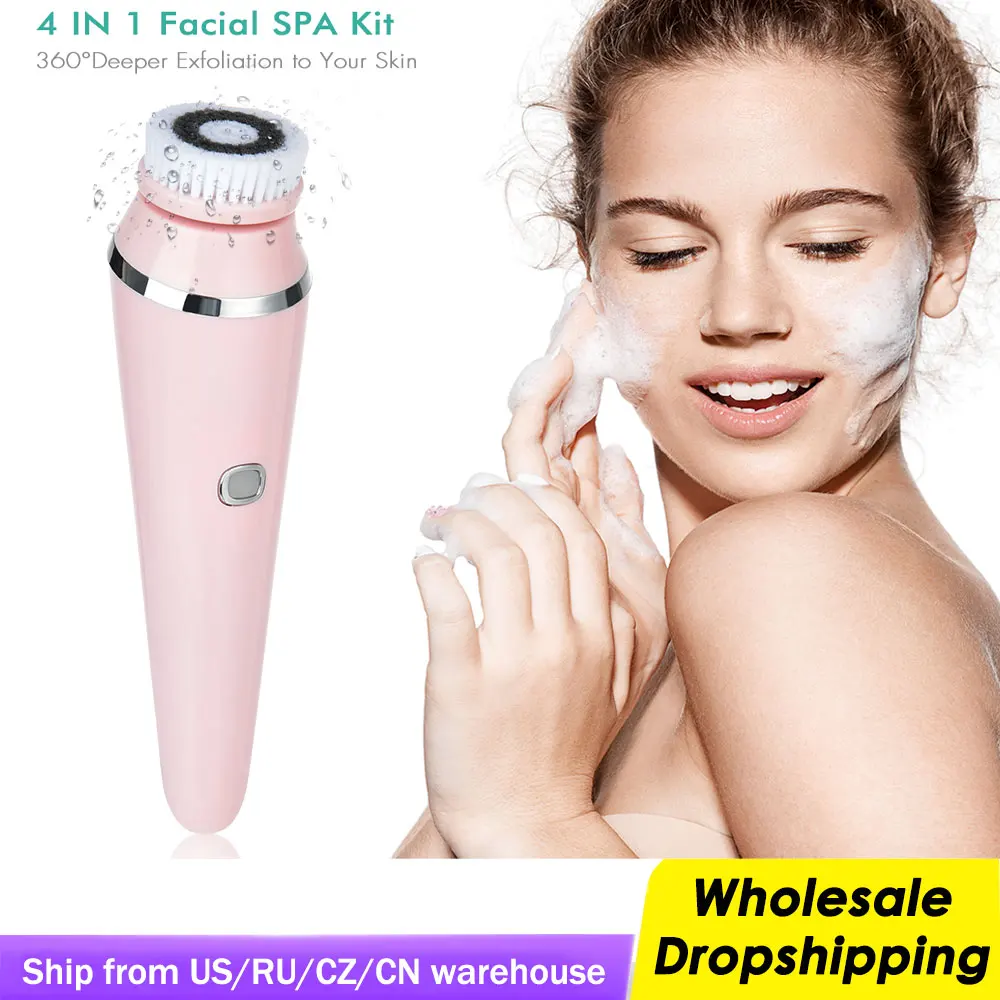 Electric Facial Cleansing Brush with 4 Face Cleaning Brush Heads Waterproof Wireless Facial Cleansing Device 3 Modes Skincare